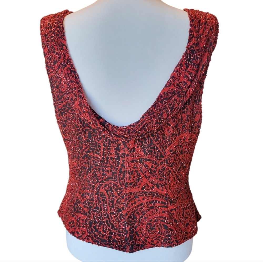 Vintage Y2K Andretta Donatello Red Black Paisley Beaded Silk Sleeveless Blouse - Picture 4 of 13
